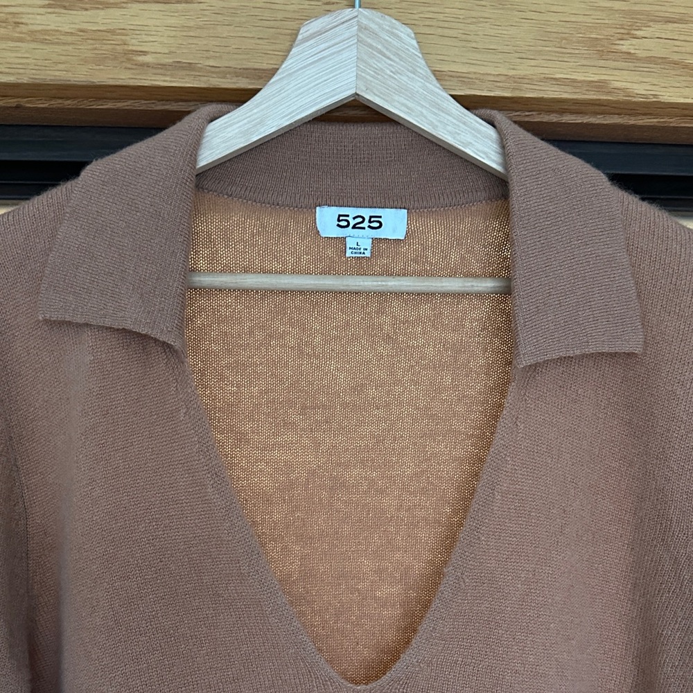 Cashmere Deep V-Neck Polo Sweater in Warm Brown - Picture 4 of 6